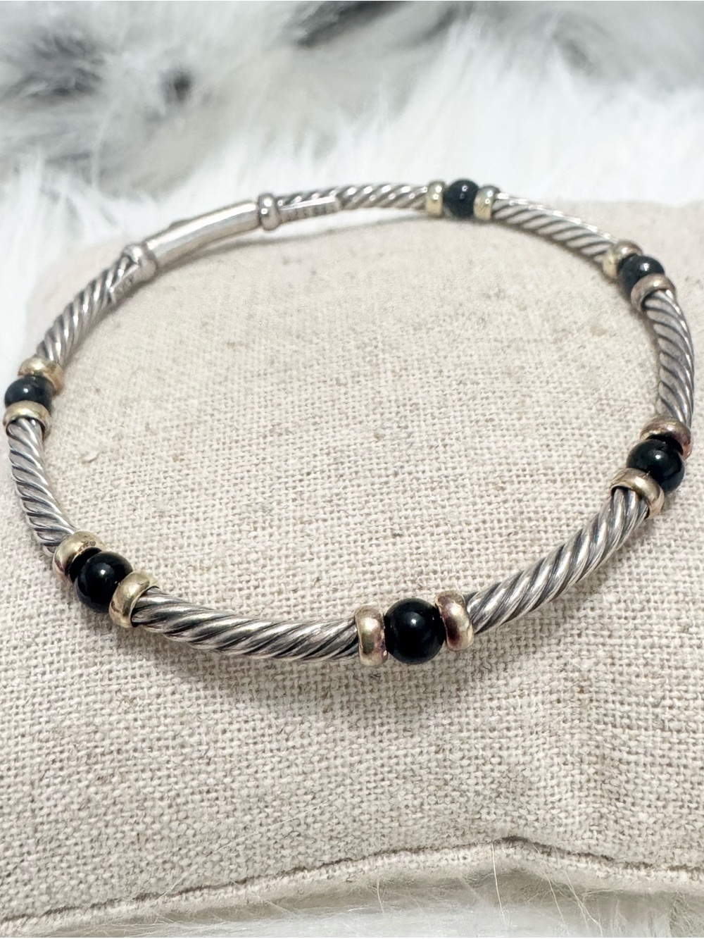 David Yurman .925 14K Gold Black Onyx Petite Hampton Cable Bracelet